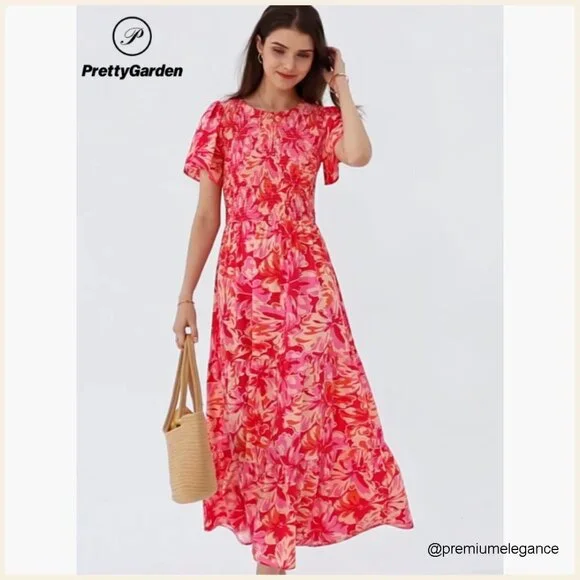 Flutter Sleeve Smocked Maxi Dress Tiered Floral Boho Summer Casual - Picture 7 of 7